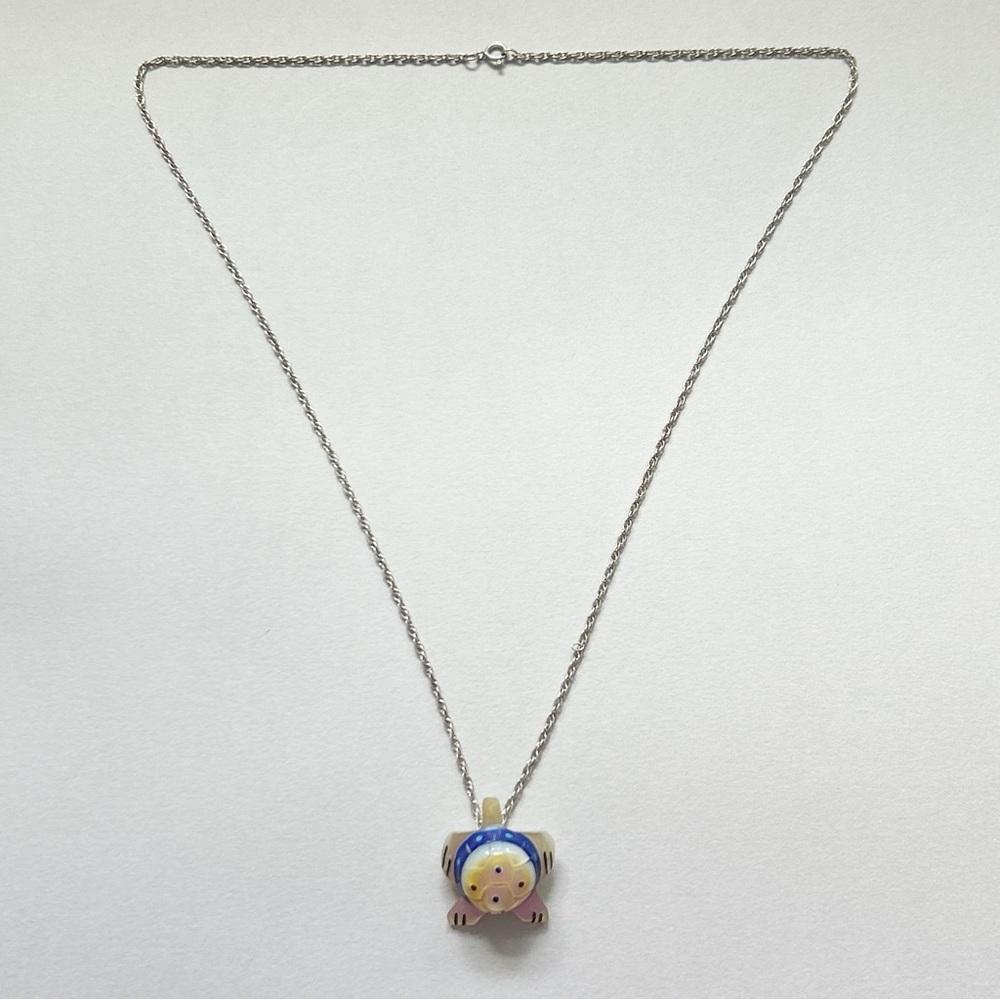 Vintage Southwestern Mother of Pearl Lapis Onyx Turtle Sterling Silver Necklace - Picture 6 of 9